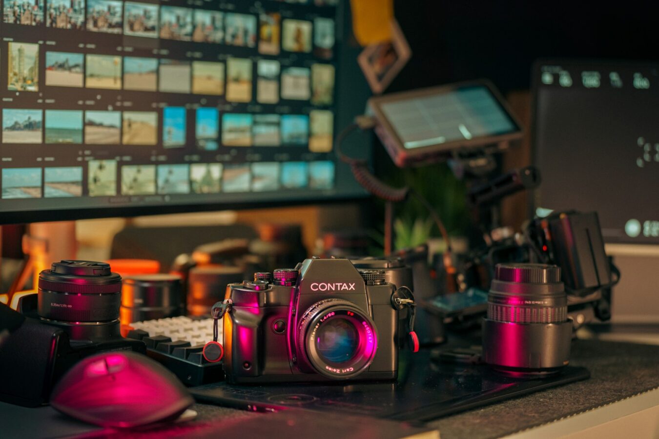 Camera and lenses on a desk beside computer screens, representing managing WordPress media with AI