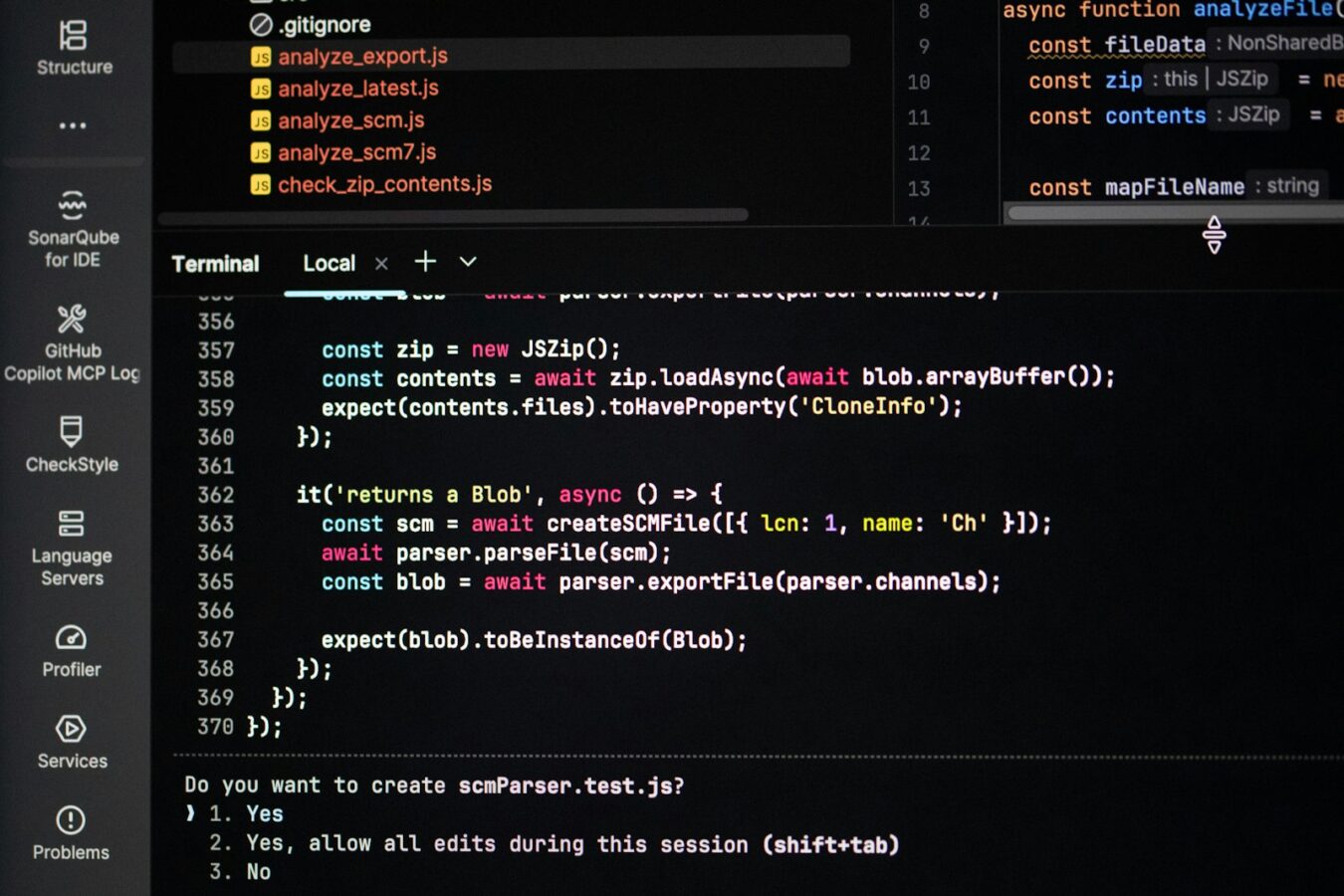 Code on a dark-theme screen, representing MCP for WordPress and AI automation